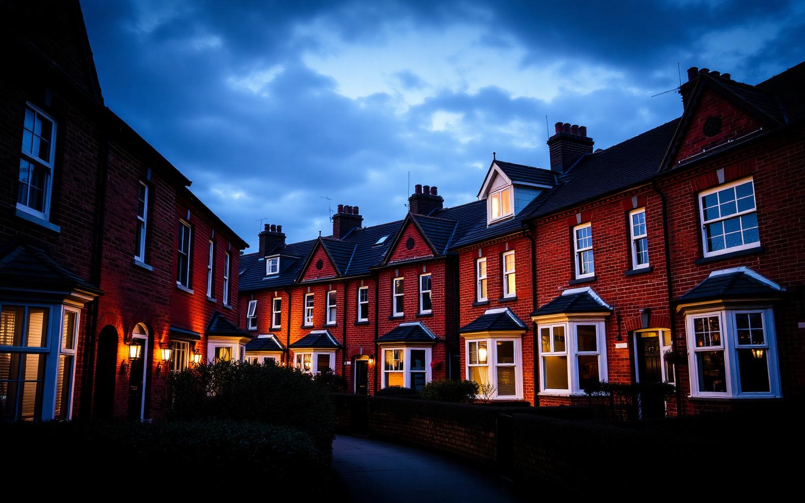 UK red brick residential terraces at dusk